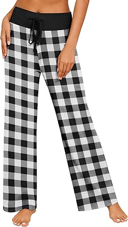 Ekouaer Women's Pajama Pants Wide Leg Yoga Pants Lounge Drawstring Pants Comfy Stretch Plaid Pj Bottoms