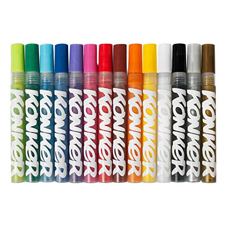 Konker Colors Acrylic Paint Markers - Endlessly Refillable - Permanent Artist Pigments - Opaque Matte Finish - Safe & Non Toxic - for Rocks Metal Wood Canvas Glass Paper Fabric - 2mm - 14 Colors Set