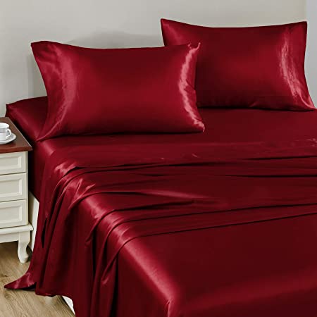 CozyLux Satin Sheets Twin Size 3-Pieces Silky Sheets Burgundy Red Microfiber Bed Sheet Set with 1 Deep Pocket Fitted Sheet 1 Flat Sheet and 1 Pillowcase Smooth and Soft