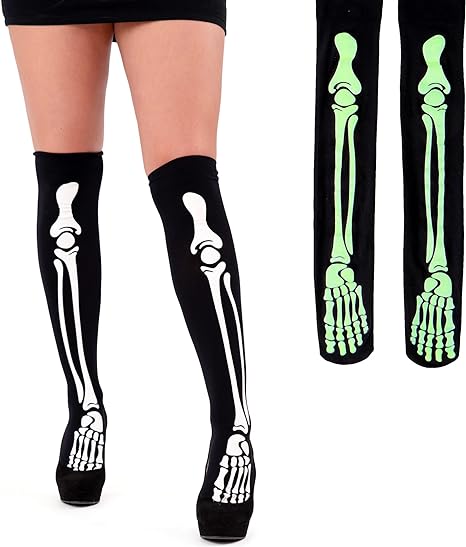 Spooktacular Creations Skeleton Thigh Glow in The Dark Knee high Socks，Halloween Bones Skeleton Print Stockings, Overknee for Cosplay Party & Halloween & Carnival