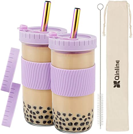 Reusable Boba Cup Bubble Tea Cup 2 Pack, 24Oz Wide Mouth Smoothie Cups with Lid, Silicone Sleeve & Angled Wide Straws, Leakproof Glass Cups Mason Jar Drinking Glasses Water Bottle Gift for Large Pearl