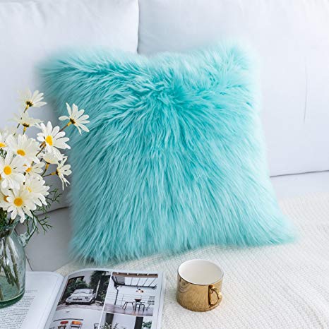 Foindtower Mongolian Plush Faux Fur Square Decorative Throw Pillow Cover Cushion Case New Luxury Series Merino Style for Livingroom Couch Sofa Nursery Bed Home Decor 18x18 Inch (45x45cm) Turquoise