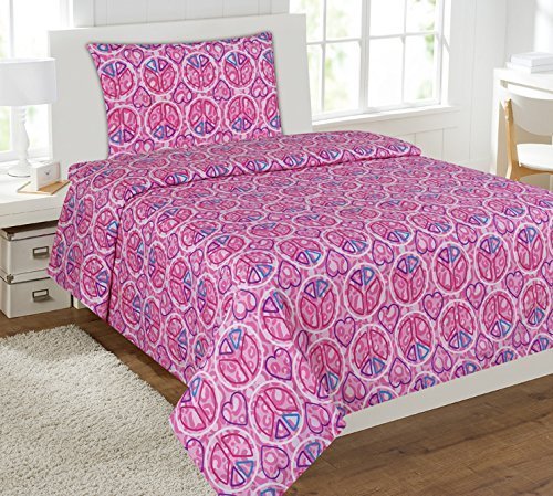 Mk Collection 4 pc Sheet Set Pink Purple Heart Peace Sign Teens/girls Pink peace love New (Full)