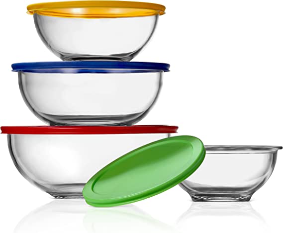 NutriChef Glass Mixing Bowl Set - 4 Sets Stackable Superior Premium Meal-prep Container w/ Airtight Locking Lid, BPA-Free Leakproof, Freezer-to-Oven-Safe, For Food Preparation/Storage, Dishwasher Safe