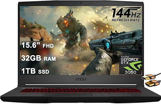 MSI GF65 Thin Gaming Laptop 15.6” FHD IPS 144Hz 10th Gen Intel Hexa-Core i5-10500H (Beats i7-9750H) 32GB RAM 1TB SSD GeForce RTX 3060 6GB Backlit KB USB-C Win10 Black   HDMI Cable