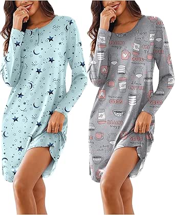 Ekouaer Women's 2 Pack Sleepshirt Dress Comfortable Nightshirt Nightgown Long Sleeve Button Down Sleepwear