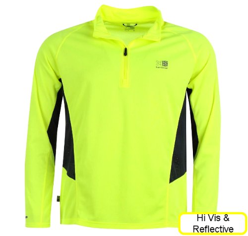 Mens Running Top Yellow Hi Viz and Reflective Long Sleeve Tshirt with Quarter Zip For Autumn Winter Ventilation Comfort. Fluorescent Yellow and Reflective Logo and Trims on Sleeves and Rear. Karrimor Quality Brand. Medium Weight. Breathable Mesh Sides. Stylish and Packed with Great Features.