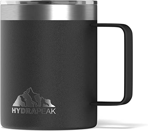 Hydrapeak 12 oz Stainless Steel Double Vacuum-Insulated Coffee Mug, Reusable Travel Cup with Integrated Handle and Press in Lid (12oz, Black)