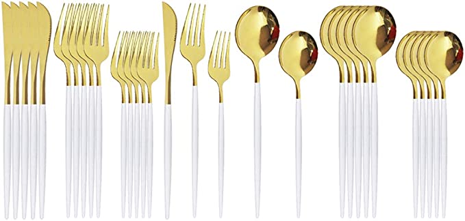 Gugrida Silverware Set, 30-Piece 304 Stainless Steel White Gold Flatware Set Cutlery Set Service For 6, Mirror Finish, Dishwasher Safe, Nice Gift Box