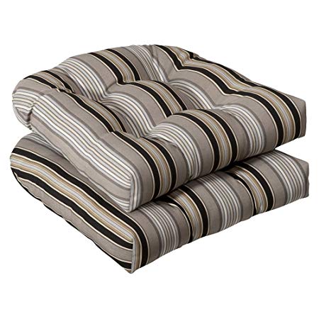 Pillow Perfect Indoor/Outdoor Black/Beige Striped Wicker Seat Cushions, 2-Pack