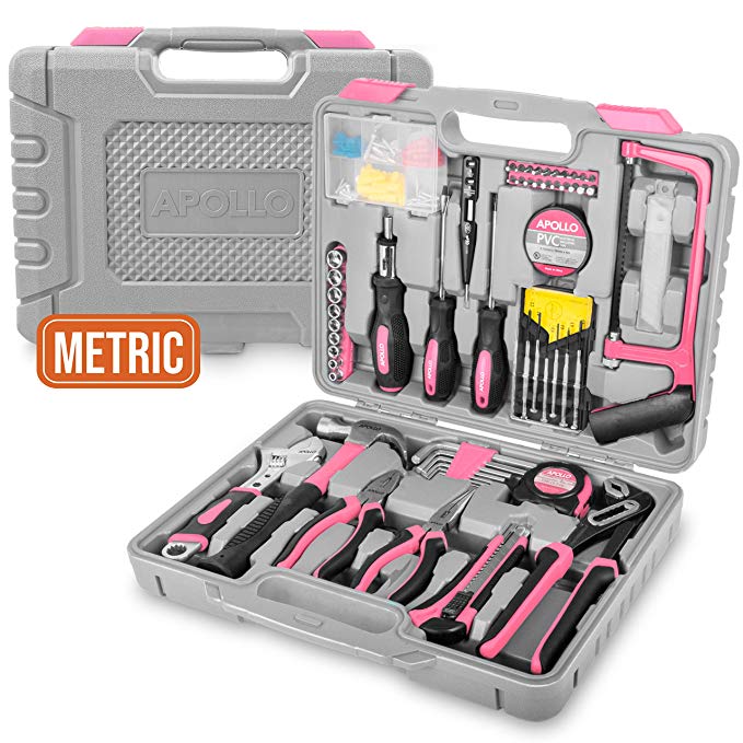 Apollo 120 Piece Pink Ladies Home Tool Kit with Most Popular Pink Tools: Pliers, Pink Hammer, Tape Measure, Hacksaw, Wrench, Screwdrivers & More in Tool Box - Great Home Gift Women’s Tool Kits