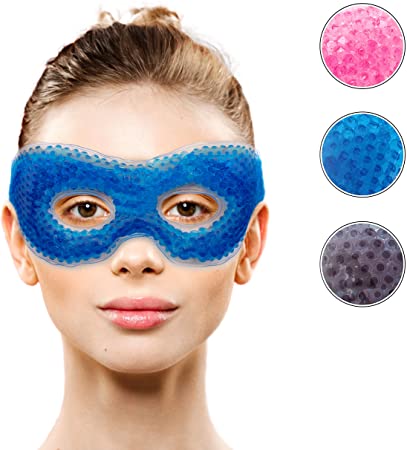 Gel Eye Mask with Eye Holes- Hot Cold Compress Pack Eye Therapy | Cooling Eye Mask for Puffy Eyes, Dry Eyes, Headaches, Migraines, Dark Circles, Sinus - Reusable Eye Face Mask | Ergo Gel Bead (Blue)