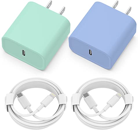 iPhone Charger [Apple MFi Certified] 2 Pack 20W PD USB C Wall Fast Charger Adapter with 2 Pack 6FT Type C to Lightning Cable Compatible with iPhone 14 13 12 11 Pro Max XR XS X,iPad（Blue Green）