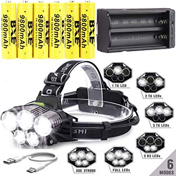 LED Rechargeable 12000 Lumens Headlamp Flashlight,Kit with 6PCS 3.7V 1500mAh Rechargeable Battery   Batteries Charger For Camping,Hiking, Outdoors