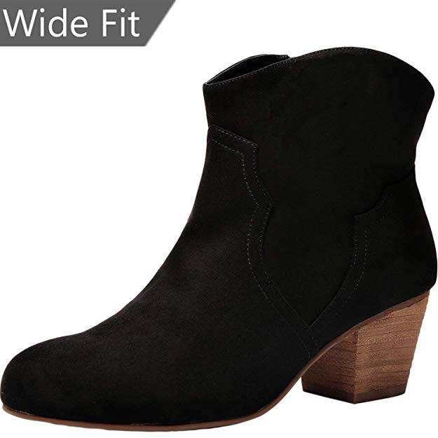 Women Wide Width Ankle Boots - Chunky Mid Heel Slip On Side Zipper Booties.