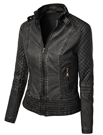 LE3NO Womens Faux Leather Zip Up Moto Biker Jacket with Pockets