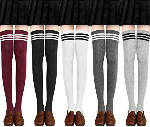 5 Pairs Thigh High Socks Striped Over the Knee High Socks for Women Long Stockings Gifts