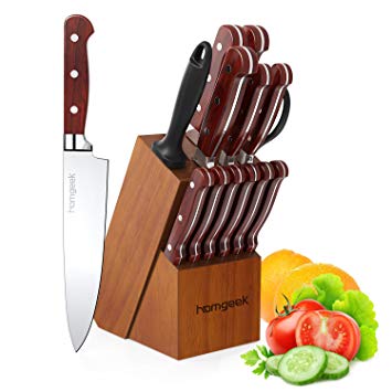 Homgeek Kitchen Knife Set,15-Piece Knives Set with Wooden Blocks,German High Carbon Stainless Steel,Chef Knife with Sharpener