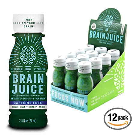 BrainJuice Brain Booster Vitamins Memory Focus Supplement Shots - Brain On, Enhance IQ, Clarity, Memory, Mood - Alpha GPC, Choline, Green Tea Extract Energy Supports Concentration Factor - 12 Pack Box