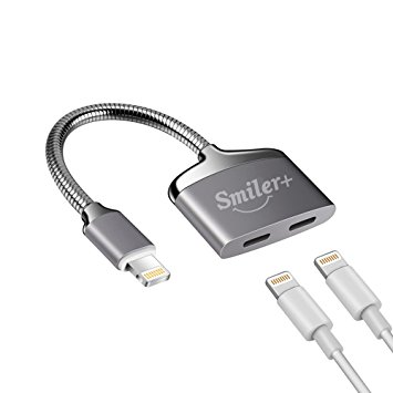 iPhone Dual Lightning Adapter Splitter , SmilerPlus Dual Lightning Metal Headphone Audio Charge Adapter for iPhone X / 8 Plus / 8 / 7 Plus / 7 , Support iOS 10/11 or Later (Space Gray)