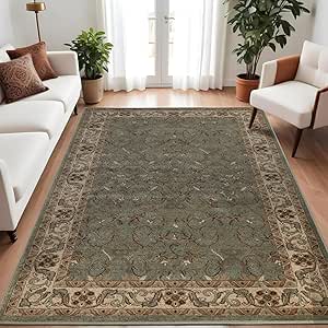 Superior Indoor Area Rug, Plush Carpet Cover, for Bedroom, Living/Dining Room, Office, Entry, Hallway, Kitchen, Traditional Floral Scroll Floor Decor, Heritage Collection, 8' x 10', Dark Green