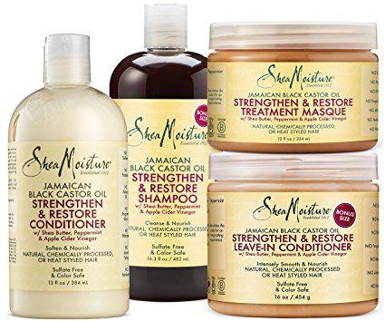 SheaMoisture Strengthen Grow & Restore Combo Bundle, Includes - 16.3 Ounce Jamaican Black Castor Oil Shampoo | 16 Ounce Leave-In Conditioner | 13 Ounce Conditioner | 12 Ounce Treatment Masque