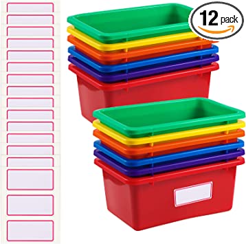 Zonon 12 Pieces Plastic Cubby Bins Office Kids Storage Container Kids Toy Storage Organizer Bins with 1 Pack Self Adhesive Label for Classroom (Mixed Colors,11.6 x 7.7 x 4.9 Inch)