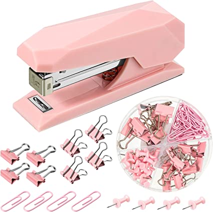 73 Pieces Pink Spring Powered Stapler Kit, 1 Desk Nonslip Stapler with 20-Sheets Capacity Diamond Shape Desktop Stapling Tool and 72 Binder Clips Long Tail Push Pins Paperclips for Home Office School