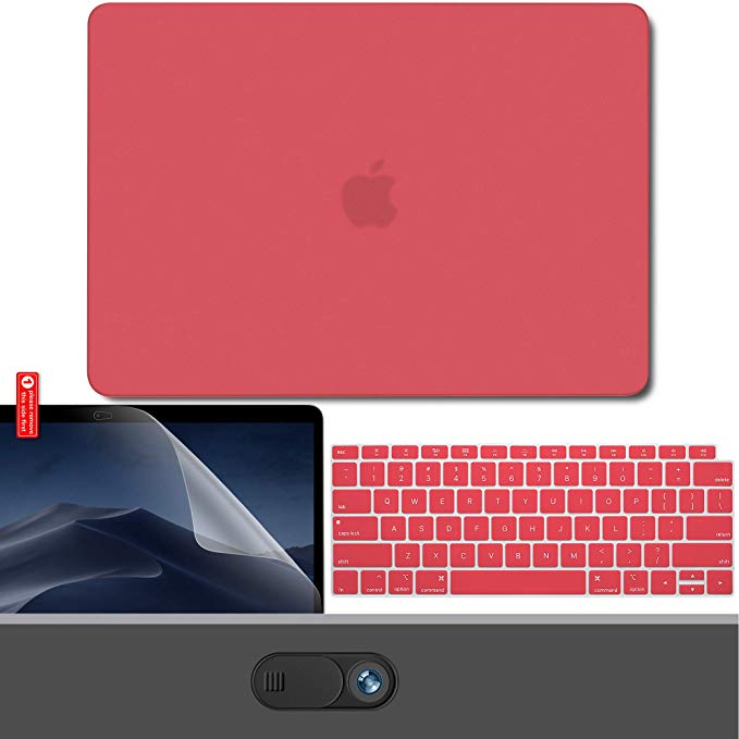 GMYLE MacBook Air 13 Inch Case 2018 Release A1932 with Touch ID Retina Display New Version Bundle, Plastic Hard Shell, Keyboard Cover, Privacy Webcam Cover Slide, Screen Protector Set, Coral Red