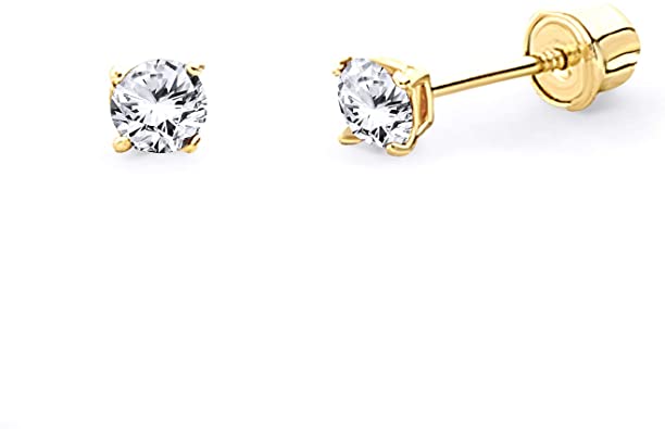 14k Yellow Gold Round Solitaire Basket Set Stud Earrings with Screw Back - 7 Different Size Available