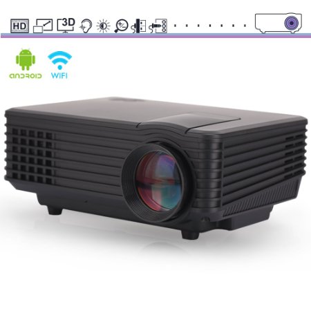 LED Wi-Fi Projector, iRULU 80 Pro Portable Smart Android 4.4 Wireless HD 1080p USB HDMI AV VGA Projector 4GB Storage 800 Lumens For Back Yard Movie Game Party - Black