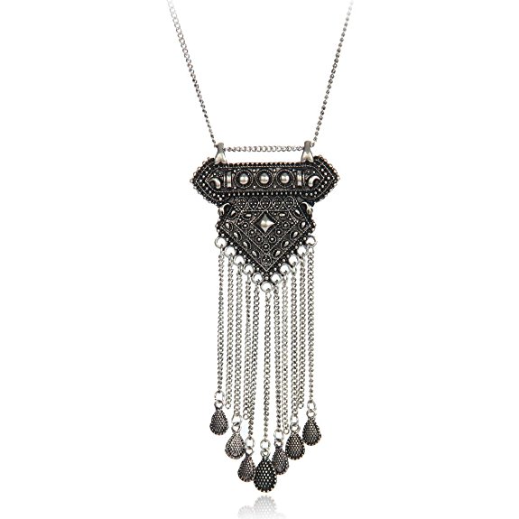 Ethnic Antique Gold Silver Geometric Carving Long Alloy Chain Tassel Waterdrop Pendant Chunky Necklace