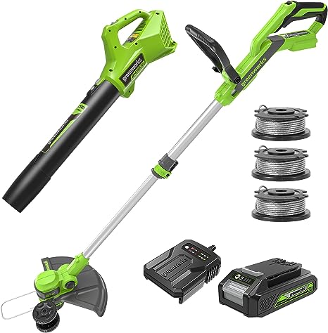 Greenworks 24V 12-Inch Cordless String Trimmer/Edger and Leaf Blower Combo Kit   3 Bonus Spools, 2.0Ah Battery and Charger Included