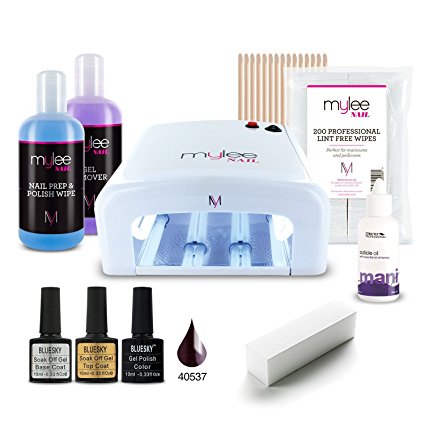 MYLEE 10PC KIT UV 36W Nail Curing Lamp with BLUESKY Top & Base Coat, Mylee Prep Wipe & Remover 250ml, 1 x Gel Polish Colour of Your Choice, Lint-Free Wipes & More (Dark Lava)