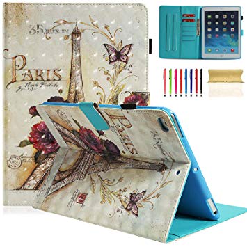 Casii iPad 5th Gen/6th Generation Case,Premium Soft PU Leather Cover Ultra Slim Folio Stand Smart Case with Card Slots Stylus Loop Auto Sleep/Wake for 9.7" iPad 2018/2017/Air1/Air2,Paris Tower