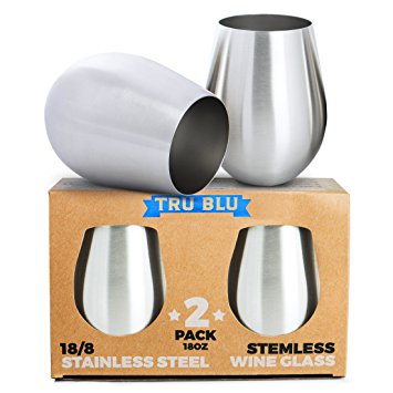Stainless Steel Wine Glasses - Set of 2 Large & Elegant Stemless Goblets (18 oz) - Unbreakable, Shatterproof Metal Drinking Tumblers