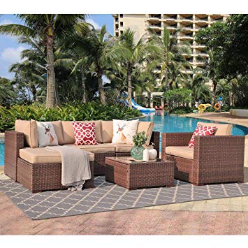 OC Orange-Casual 6 Pcs Patio Wicker Furniture Set, Outdoor Rattan Sectional Sofa with Cushion&Ottoman&Coffee Table, Brown