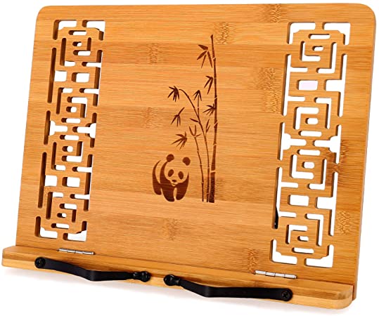 MEGREZ Bamboo Foldable Book Stand (13 x 9.4 inch) Reading Frame Rest Holder Cookbook Cook Stand/Tablet PC Textbook/Music Document Stand/Desk Bookrest with Retro Hollow, Panda Pattern