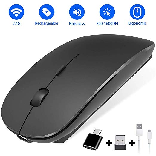 Rechargeable Wireless Mouse Ultra-Thin 2.4Ghz Mute Computer Mouse Mini Portable Office Mobile Mouse Three-Speed DPI Free Adjustment Slow Speed Comes with USB Receiver for Laptop, PC - Black