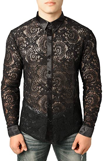 JOGAL Men's See Through Flower Lace Sheer Blouse Long Sleeve Button Down Shirts