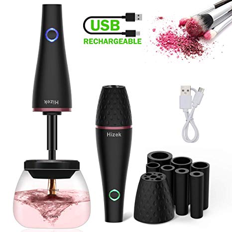 Makeup Brush Cleaner,Hizek Electric Makeup Brush Cleaner Spinner,USB Rechargeable Automatic Brush Cleaner & Dryer Cosmetic Brush Washing Tools with 8 Rubber Collars,Quickly Wash and Dry Make Up Brush