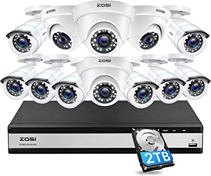 ZOSI 16 Channel Security Camera System 1080p, H.265  16 Channel CCTV DVR with Hard Drive 2TB and 12 x 2MP Weatherproof Surveillance Bullet Dome Camera Outdoor Indoor, 80ft Night Vision, 90° View Angle