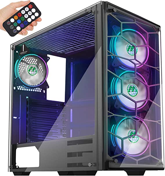 MUSETEX USB 3.0,ATX Mid-Tower Chassis Pre-Installed Voice Remote Control & 2 Translucent Tempered Glass Panels, Decent Cable Management/Airflow Gaming PC Case Computer Case