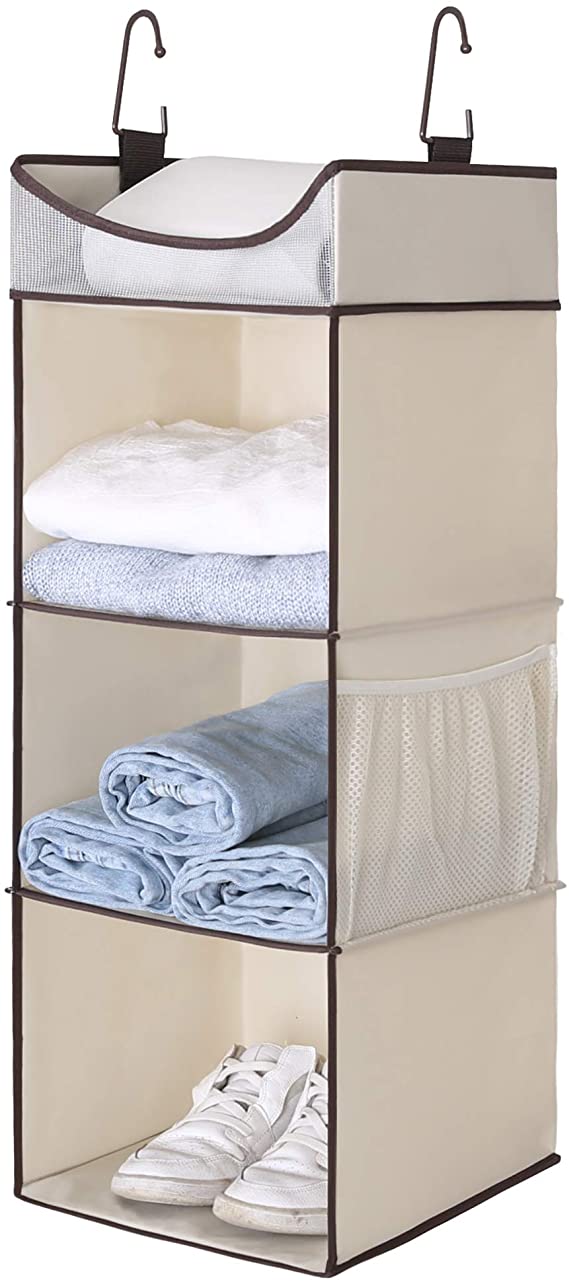 StorageWorks 3-Shelf Hanging Closet Organizer, Hanging Closet Shelves with Top Shelf, Canvas, Beige, 12" W x 12" D x 31" H