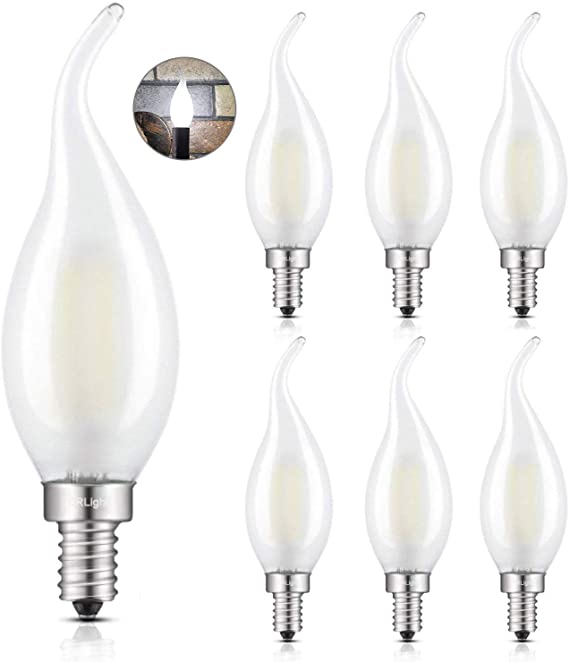 CRLight 2W 4000K LED Candelabra Bulb Daylight White Glow, 25W Equivalent 250LM, E12 Base Chandelier Dimmable LED Filament Light Bulbs, Antique Edison C35 Frosted Glass Candle Flame Tip, 6 Pack