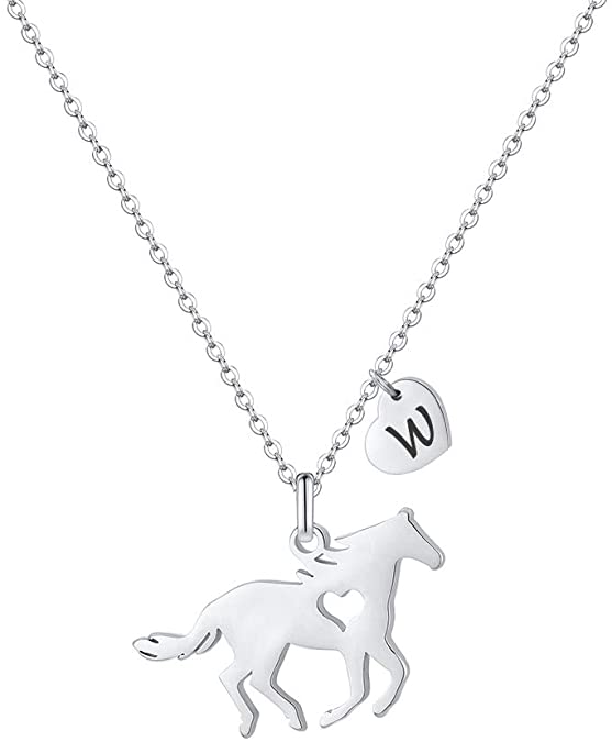 Girls Horse Necklace, Dainty Horse Jewelry for Girls Initial Necklace, Stainless Steel Kids Heart Initial Necklace Horse Girl Horse Pendant Letter Necklace Horse Gifts for Teen Girls Horse Lovers