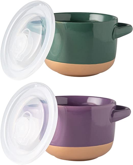 AmorArc 24 Ounces Soup Bowls with Large Handles and Lids, Stoneware Bowls Set of 2 for Soup,Cereal,Stew,Noodle,Colourful Ceramic Kitchen Bowls, Microwave&Dishwasher Safe, Green&Purple