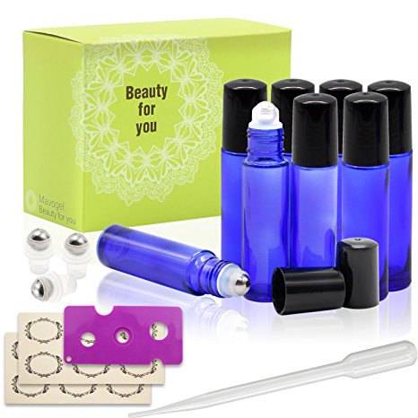 Mavogel 8 New 10ml Cobalt Blue Glass Roller Bottles With Stainless Steel Roller Ball for Essential Oil, Perfume- Include 3 Extra Roller ball, 12 Peices Stickers, Essential Oils Opener, 3ml Dropper