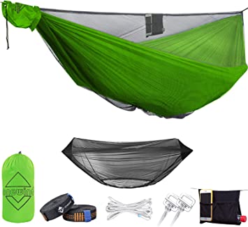 Onewind Camping Hammock with Mosquito Net, Sturdy and Durable, Max Weight Load 500lbs, Lightweight Portable Double&Single Hammock with 2 10' Tree Straps Ideal for Camping, Hiking, Backpacking