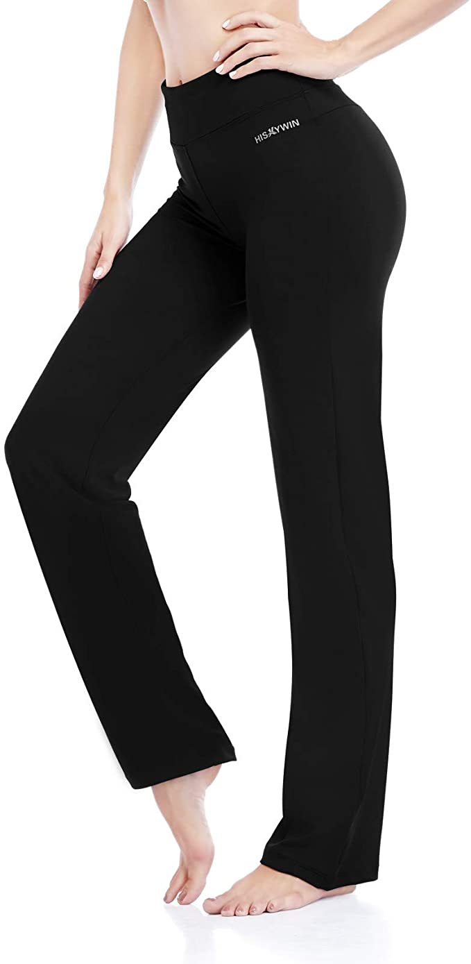 HISKYWIN Womens Straight Leg Yoga Pants with Pockets Tummy Control Non See-Through Workout Pants